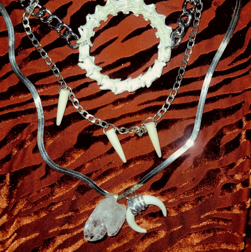 Edgy Silver and Snake Bone Layered Necklace Set